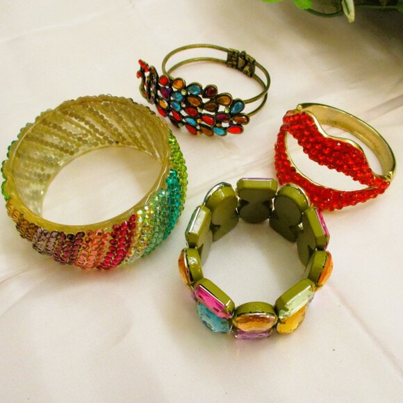 VINTAGE Rhinestone Cuff Bracelet Lot: Lucite, Peacock, Lips - STATEMENT Jewelry - Picture 1 of 14